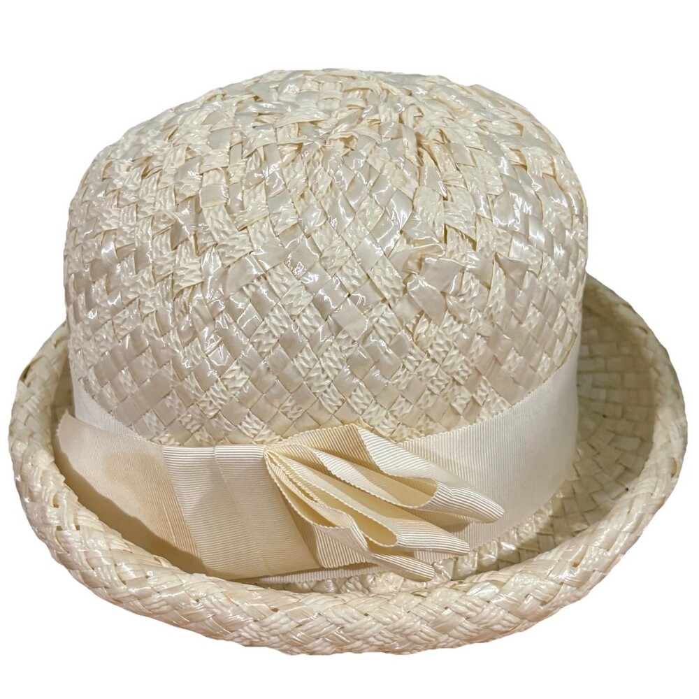 Vintage 1950s Ivory Straw Church Hat Union Made USA Grosgrain Bow Easter